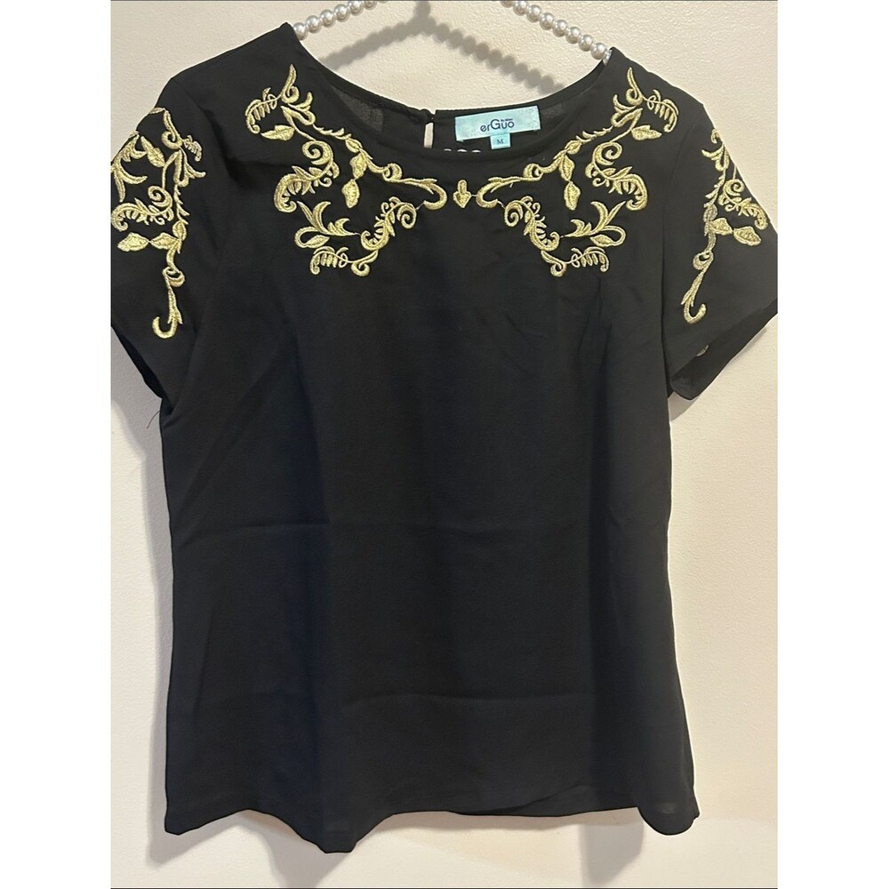 erGuo by Misty Black Gold Embroidered Blouse Size M